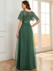 EVERPRETTY Elegant Floral Sequin Ruffle Sleeve Dress, Mesh Formal Gown Suitable For Cocktail Party, Spring/Summer Wedding Guest, Party And Valentine's Day Occasions - Olive Green - View 3