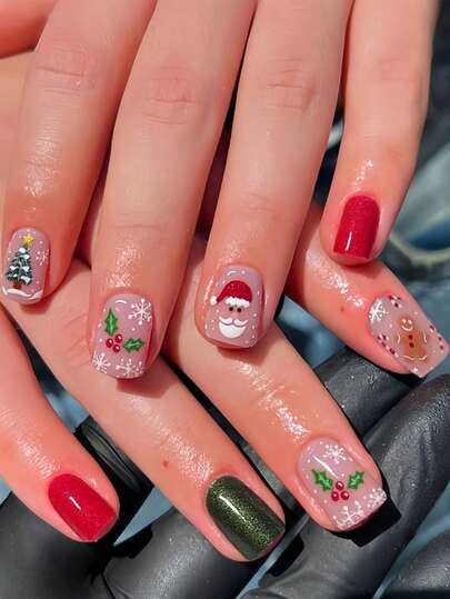 Instantly Upgrade Your Look With 24pcs Short Square Shape Press On False Nails Christmas Nails Elegant Cute Santa Claus Red Berry Green Christmas Tree Brown Gingerbread Man Red Nails Fashionable White Snowflakes Green Leaves Silver Glitter Green Nails Full Cover Fake Nails For Women And Girls Includes Nail Salon With 1 Piece Of Jelly Gel And 1 File Stri Jelly Gel Random Shipment
