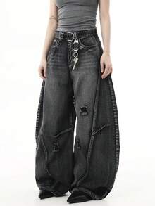 1件 Hearty Haven 男士复古做旧宽松阔腿牛仔裤，休闲街头风长裤（不含腰带或配饰） - 黑色 - 查看 3