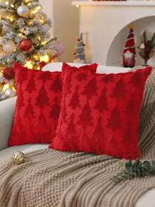 Funda de cojín con diseño de árbol de Navidad, cojín decorativo navideño de 18x18 pulgadas, decoración navideña, cojín de felpa suave roja y jacquard de piel sintética, adecuado para dormitorio, sofá, celebraciones navideñas y decoración del hogar en invierno X PTK009B18