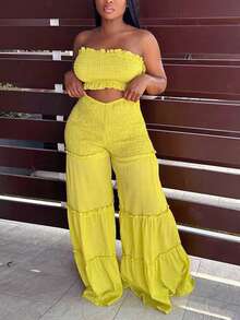 HN311 Elegant Smocked Bandeau Top & Flowy High-Waist Pants Set - Perfect For Vacation & Beach - 黃色 - 查看 2