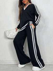 Contrast Side Seam Drop Shoulder Pullover & Pants - Black - View 3