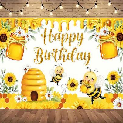 1pc Bee & Sunflower Party Backdrop - Vibrant Yellow Honeycomb, Daisy And Cute Bee Design, Suitable For Birthday, Wedding, Party And Holiday Decoration, Indoor/Outdoor Use, Can Be Used As Photography Background, Available In Multiple Sizes