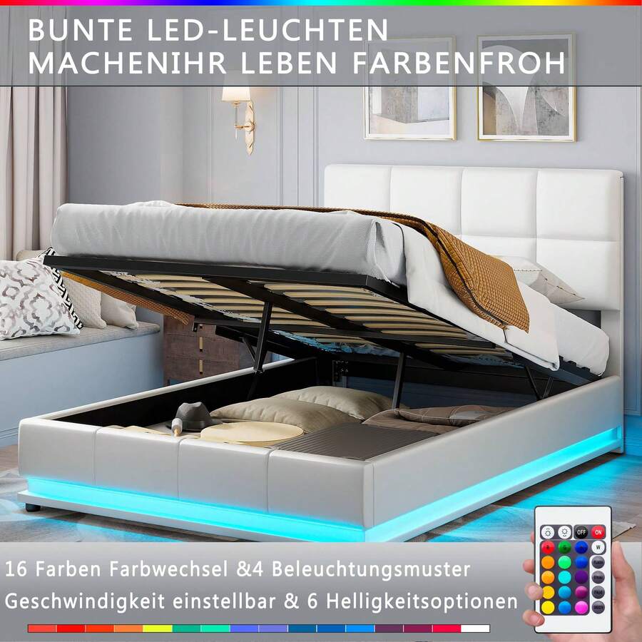 YCZ Letto imbottito 140 x 200 cm, letto contenitore idraulico, pratico giroletto con contenitore e rete a doghe, letto per ragazzi a LED, letto contenitore, letto matrimoniale, PU, ​​140 x 190 cm (bianco)