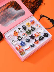 24 szt./pudełko, 24 szt. w kształcie serca, 24 szt. luzem, 12 szt. luzem zestaw pierścionków dekoracyjnych na Halloween, lampion z dyni, kapelusz czarownicy, duchy i inne dekoracje z żywicy, delikatna biżuteria na palec "cukierek albo psikus"