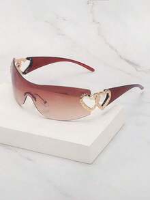 1pc Frameless Metal Heart Decor Y2K Style Fashion Glasses Women, Suitable Beach Party,, Vacation Shades Heart Street Y2k Style Oversized Wrap Frame Music Festival Preppy Style Back To School - 咖啡棕 - 查看 1