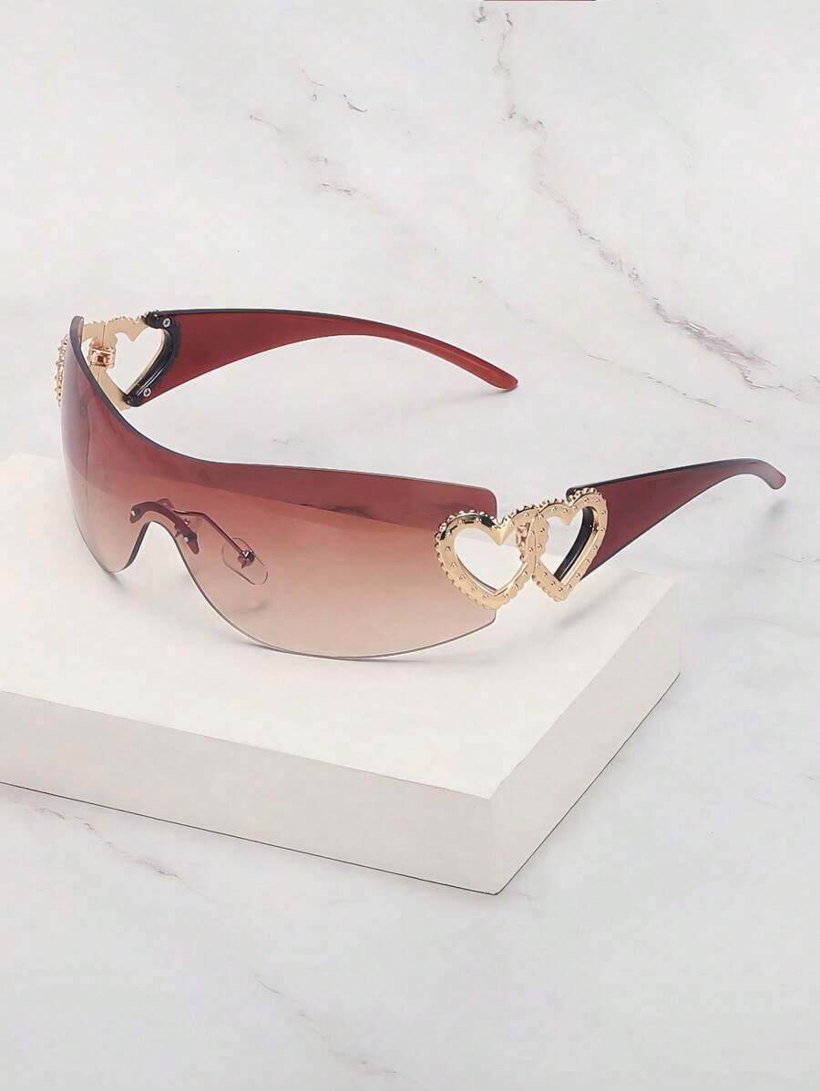 1pc Frameless Metal Heart Decor Y2K Style Fashion Glasses Women, Suitable Beach Party,, Vacation Shades Heart Street Y2k Style Oversized Wrap Frame Music Festival Preppy Style Back To School - 咖啡棕 - 查看 1