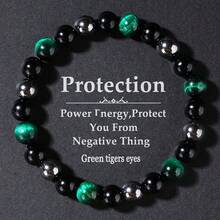 Unisex Bracelet: Black Agate And Green Tiger's Eye Beads For Good Luck, Suitable As Gifts For Husbands, Boyfriends, Fathers, Grandfathers, And Uncles - Black+Green+Gray - View 1