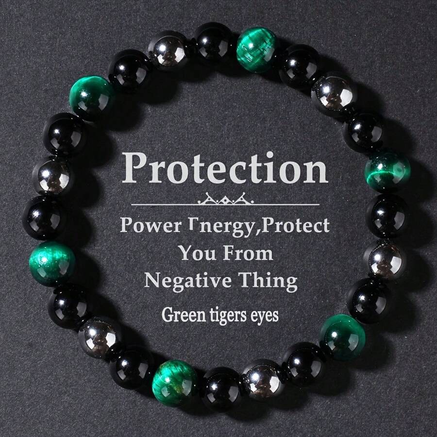 Unisex Bracelet: Black Agate And Green Tiger's Eye Beads For Good Luck, Suitable As Gifts For Husbands, Boyfriends, Fathers, Grandfathers, And Uncles - Black+Green+Gray - View 1
