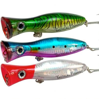 TACTICAL FISHING 3 Señuelos Popper de 43g (1.5oz) - Pack con 3 curricanes de Pesca Superficial Pesados para lances Largos.Pesca en Agua Salada y Agua Dulce: Mar, Playa, Rocas, Ríos y más.