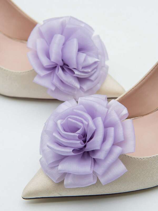 1 Pair Purple Satin Shiny Mesh Handmade Fabric Flower Shoe Clips, Fashion & Elegant, DIY Detachable, Suitable For Women Shoes Decoration