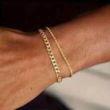 2 Pieces Set Of Fashionable Men's Twisted Chain Hip-Hop Bracelet Set, Including A Minimalist Cuban Chain Bracelet, Available In 2 Colors: Gold And White Gold. It Symbolizes The Personalized Of Men's Dressing, The Eye-Catching Daily Look And The Fashionable Expression Of Street Hip-Hop Style.