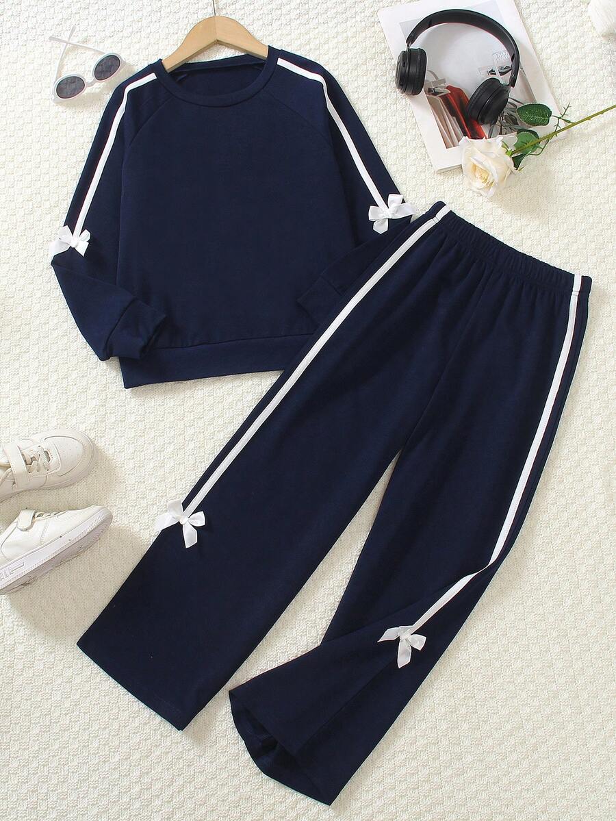 2pcs/Set Fashionable Butterfly Decor Round Neck Raglan Sleeve Sweatshirt And Loose Wide Leg Pants For Tween Girls Autumn