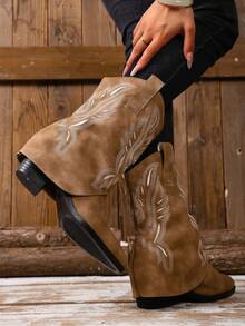 Damen Stickerei Slip-On Plateau Absatz Stiefel bis zur Mitte des Knöchels, modische einfarbige Stiefel für Herbst/Winter