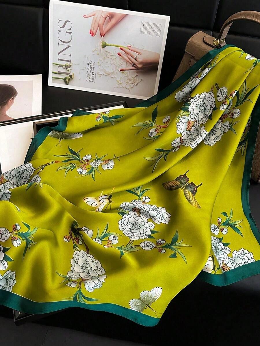 1pc Women's Luxury Floral Print Silk Satin Square Scarf, Fashion Versatile Headband And Bandana, Elegant Hair Scarf Or Shawl Wrap, Lightweight Neck Scarf For Tourism, Vacation, Daily Commuting, Leisure Outfits, And Chic Gift Accessories - 橄欖綠 - 查看 1