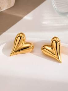 Sweet Style Versatile Heart-Shaped Stud Earrings For Women, Gold Color Small Unique Heart Design Titanium Steel Plated Jewelry