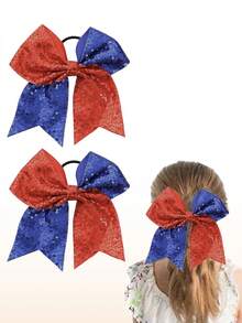 2件套女孩大亮片啦啦队发饰蝴蝶结，闪亮蝴蝶结马尾发圈，弹力带，适合啦啦队、青少年、大学运动（红色、白色等） - 彩色 - 查看 5