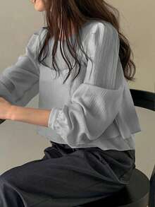 女士时尚长袖衬衫上衣+吊带背心叠穿套装，纯色优雅，适合办公室和休闲场合，春秋季 - 灰色 - 查看 3