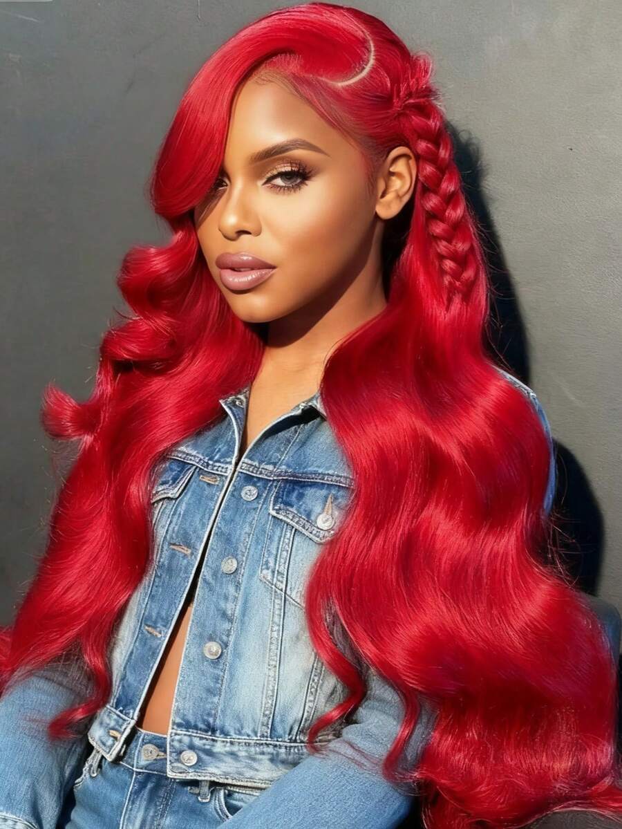 Red 250 Density 13x4 HD Transparent Lace Front Wigs Human Hair Body Wave Glueless Wigs Human Hair Put On And Go Wig For Women Brazilian Remy Red Colored Water Wave Lace Frontal Wigs Human Hair With Baby Hair - Đỏ - Xem 1