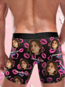 1pc Customized Men's Briefs, Can Be Personalized With Face Graphic, Decorated With Pink Hearts, Lip Prints And Other Romantic Elements. This Customizable Men's Briefs Make A Sweet And Romantic Gift For Couples, Anniversary, Wedding Anniversary, Couples, Best Friends, Boyfriend/Husband. - Black - View 4