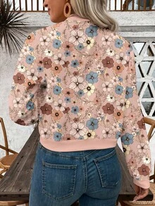 Chaqueta corta con estampado retro informal y cremallera para mujer, Chaquetas de mujer, chaquetas estampadas de mujer, chaquetas de béisbol de mujer - Rosa - Ver 2
