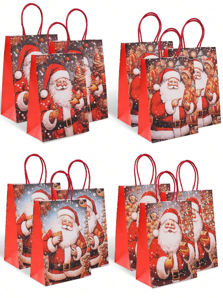 4pcs Christmas Kraft Paper Gift Packing Bags Handbags, Christmas Santa Claus Print Red Hand Bags, Christmas Tote Bags With Handles, 2025 Christmas Decoration For Home, Christmas Treat Bags, Multifunctional Christmas Party Gift Wrapping Bags, Xmas Party Favors Bags, Christmas Gift Wrapping Supplies, 2026 New Year Gift Packing Bags