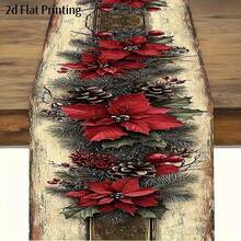 1 pieza Camino de mesa navideño vintage, diseño de flor de Pascua roja con piña y baya, decoración rectangular de lino para fiestas navideñas, de Año Nuevo y de invierno