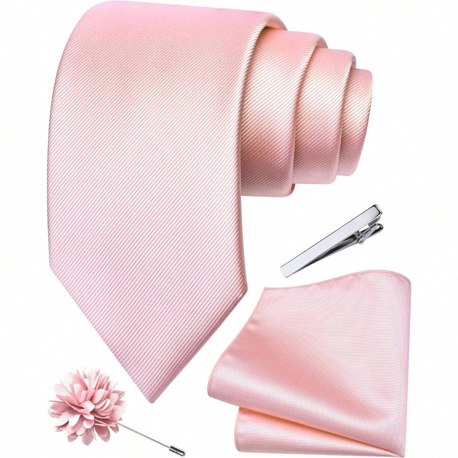 Solid Formal Tie And Pocket Square Plain Necktie Lapel Pin And Set For Men - H-玫瑰金 - 查看 1