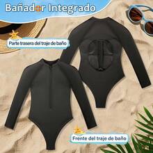 KTMOUW Trajes de Baño Mujer Completo Bañadores de Una Pieza para Mujer Deportivo Traje de Baño Manga Larga de Protección Solar Adecuado para Playa, Surf, Natación - Negro - Ver 7