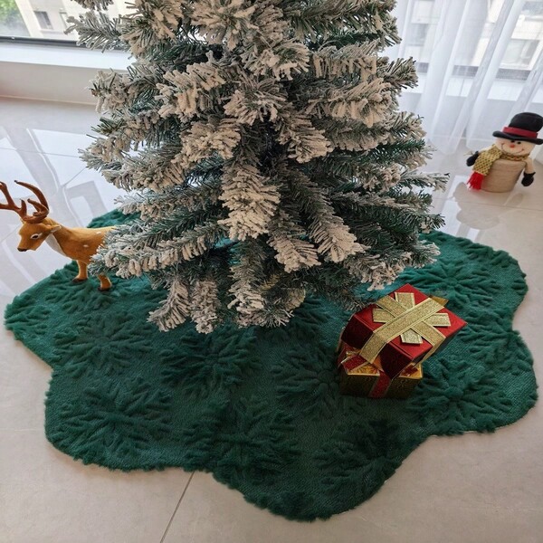 1 Sunflower Green Snowflake Christmas Tree Skirt Luxurious Rabbit Fur Christmas Tree Skirt Christmas Day Decoration Party Indoor And Outdoor Decorations Home Market Decoration