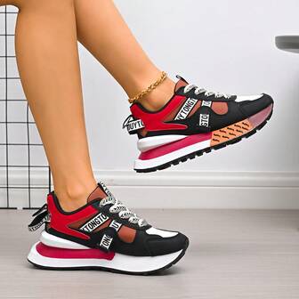 Retro Color Block Platform Chunky Sneakers For Women, Personalized Letter Woven Strap Increased Height Casual Sports Shoes, Indy Black Gump Shoes, 2025 Spring Autumn New Thick Bottom Round Toe Lace Up Versatile Casual Sports Non-Slip Lightweight Women Shoes, Fashion Rainbow Mid-Top Sports Leisure Shoes, Vintage Color Block Casual Running Sports Shoes