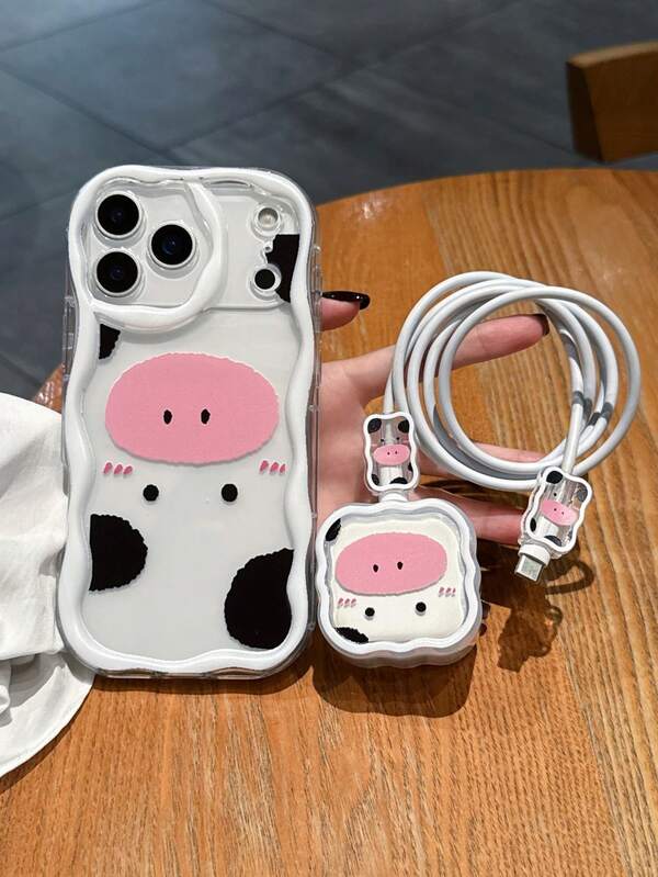 Set da 4 pezzi (1 custodia per telefono con motivo a onde + 1 protezione per caricabatterie UK con motivo a onde + 2 protezioni per cavo dati con motivo a onde) dipinto a UV con stampa mucca adatto per caricabatterie standard UK per iPhone 16/16 Pro/16 Pro Max/16 Plus/7/8/7P/8P/X/XS/XR/XS Max/11/11 Pro/11 Pro Max/12/12 Pro/12 Pro Max/12 Mini/13/13 Pro/13 Pro Max/14/14 Pro/14 Plus/14 Pro Max/15/15 Pro/15 Plus/15 Pro Max