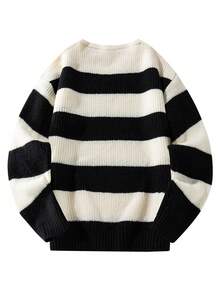 Jersey clásico de cuello redondo versátil y casual con rayas gruesas y contraste de color para hombre, otoño/invierno