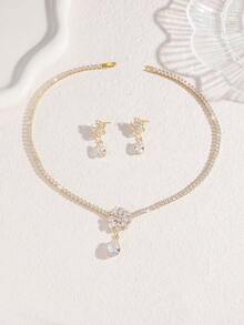 3pcs Zirconia Flower Design Elegant Necklace, Earrings Jewelry Set, Suitable For Daily, Bridal, Wedding, Party