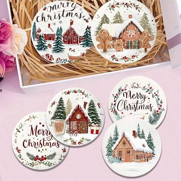 4pcs/6pcs Christmas Snow House Pattern Wooden Coasters, Coffee Coasters, Home And Restaurant Multi-Occasion Decorations, Daily Gifts, Table Decorations, Daily Decorations, Theme Party Decorations Home Decor Christmas Decorations Room Decor