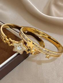 18K Gold Plated Stainless Steel Luxury Elegant Star Charm Bangle Bracelet Set With Mother Of Pearl, Mom Gift Christmas Thanksgiving Halloween Wedding Rave/Prom/Party/Daily Accessories Gift For Anniversary Valentine's Day Boho Jewelry Birthday Bridesmaid Gifts