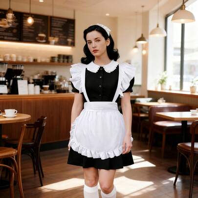 1pc Ruched Edge Kitchen Apron, Women's Cooking Apron, Household Cleaning Apron, Cooking Apron, Maid Pleated Apron, Daily Half-Length Women's Waitress Apron, Suitable For Home, Fashion Work Apron, Christmas, Halloween, Holiday Apron, Suitable For Kitchen, Bathroom, Home, Outdoor