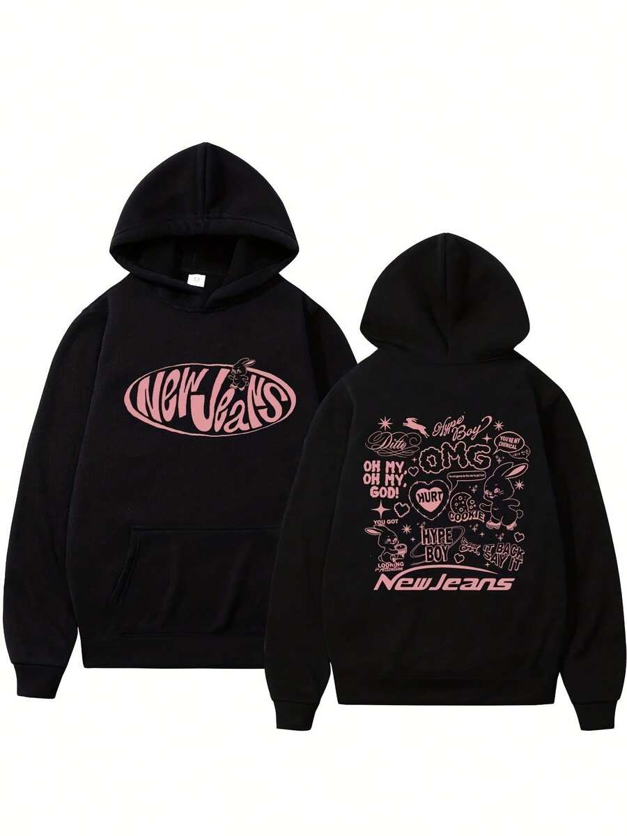 1PC New Jeans Kpop Inspired Bunny Rabbit Text Slogan Print Streetwear Casual Long Sleeve Pullover Black Autumn Graphic Men's Hoodie - màu đen - Xem 1