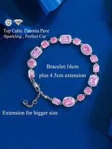 1pc Adjustable Size Sparkling Square & Round Pink Cubic Zirconia Chunky Luxury Chain Bracelet For Women, Daily, Party, Holiday Jewelry Gift