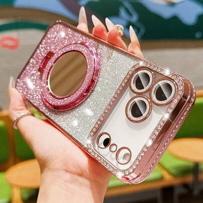 奢华电镀闪光渐变水钻磁性化妆镜闪亮粉手机壳适用于 16E 15 14 13 12 11 X XS Max XR Pro Plus Galaxy A02S A03 A03S A04 A05 A06 A12 A13 A14 A15 A16 A22 A23 A24 A25 A26 A32 A33 A34 A35 A36 A50 A51 A52 A53 A54 A55 A56 S20 S21 S22 S23 S24 S25 Note20 EDGE Honor Y9s X9a X9b