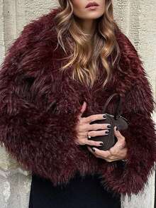 Ladies' Christmas And New Year Elegant Autumn/Winter Woolen Warmness Long-Sleeved Coat With Large Lapel Collar - Burgundy - View 8