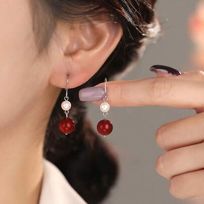 1 Pair Traditional Chinese Style S925 Sterling Silver Red Agate & Pearl Pendant Earrings, Suitable For Women's Daily Wear