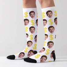1 Pair Customized Face Socks, Customized Photo Socks, Customized Printed Socks, Print Any Face On Socks, High-Quality Men's Socks Suitable For Anniversary Gifts, Halloween, Christmas, Unique Gifts For Brides, Gifts For Boyfriends, Couples Dollar Pattern Printed Socks, Women's Knee-High Socks, New Thick Long Socks For Autumn/Winter, Calf Socks