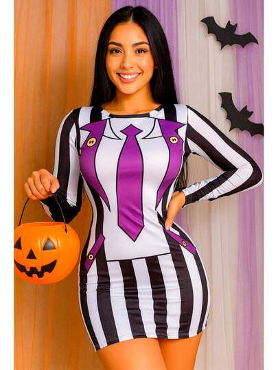 disfraz beetlejjuicee Halloween de vestido a rayas y corbatín sublimado