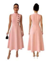 Women's Elegant Evangelical Sleeveless Midi Dress, High Neck With Side Buttons, Chic Tailoring, Casual And Party Wedding Dress - 淺粉色 - 查看 5