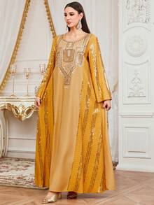 Vestido largo de bata de tela tejida para mujer, cuello redondo largo con lentejuelas brillantes y decoración de bordado, amarillo primavera - Amarillo - Ver 4