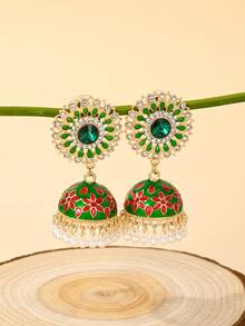 优雅的南亚风格彩色吊坠耳环，镶嵌水滴水钻、流苏饰物、仿珍珠耳饰，适合女性日常佩戴、节日、婚礼和派对、女性礼物