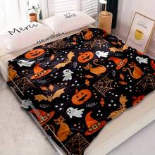 1pc Halloween Skull & Pumpkin Pattern Blanket, Warm & Comfortable Car Blanket, High-Definition Digital Printed Throw Blanket, Suitable For All Seasons, Great Gift For Loved Ones, Multi-Functional Small Blanket For Office Nap, Bedroom, Sofa, Dorm, Premium Fabric Thick Warm Throw Blanket