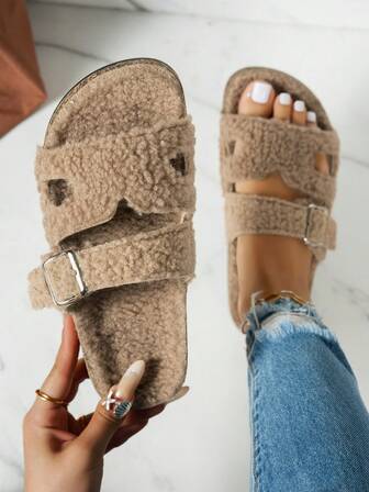 Women's Open Toe Mule Slippers, Multifunctional Classic House Slippers For Indoor And Outdoor Wear, With Adjustable Metal Buckle, Suitable For Home And Vacation