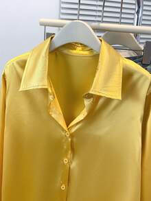 Women's Satin Shirt, Business Casual Button-Down Blouse With Notch Lapel, Elegant Office & Lounge Top For Fall Winter Spring